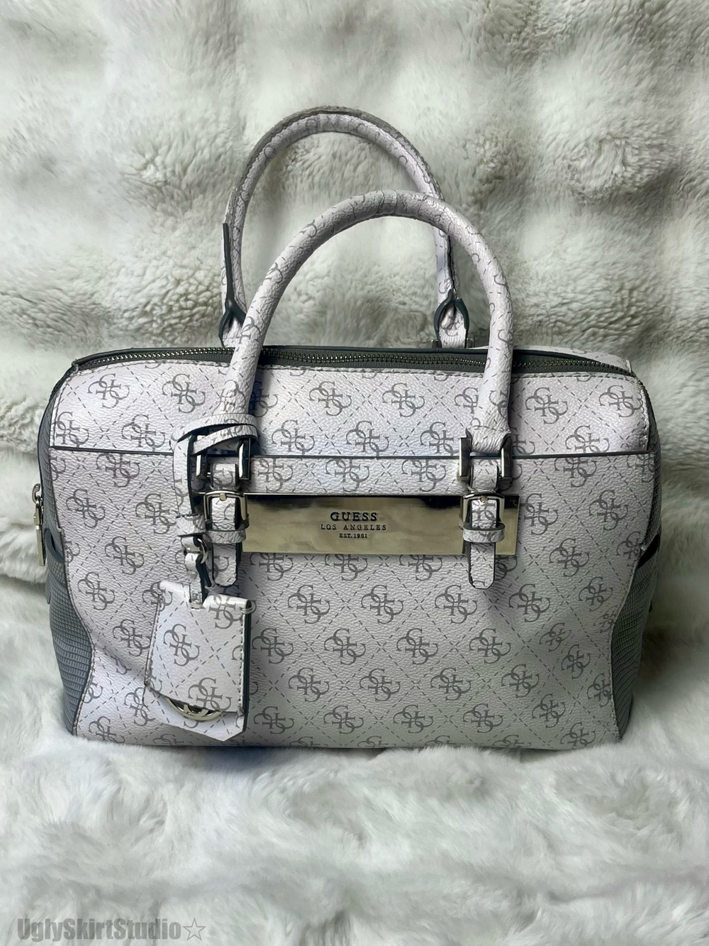 GUESS Isla Quattro G Logo Box Satchel Bag Snow White Leopard Print Vintage Y2K